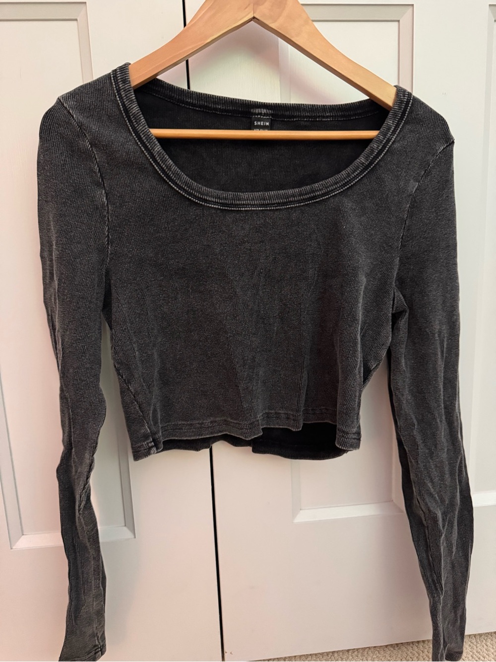 SHEIN Washed Black Cropped Long-Sleeve Top